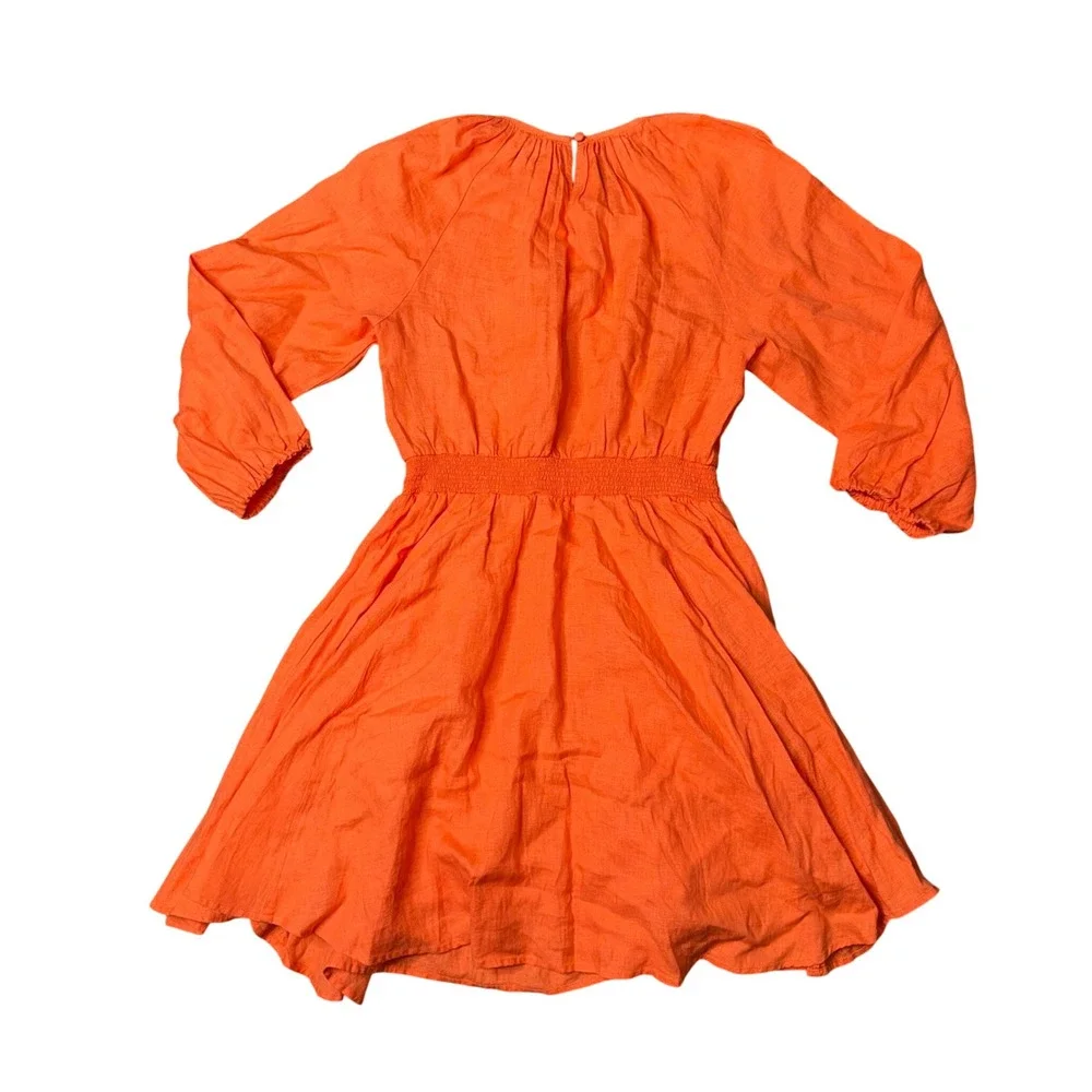 J.Crew Orange Linen Smocked Waist Mini‎ Dress Long Sleeve XS